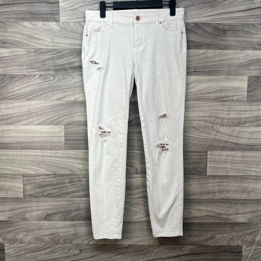 White House Black Market The Kinny Ankle Jeans‎ Women's 0 Ivory Denim Distressed